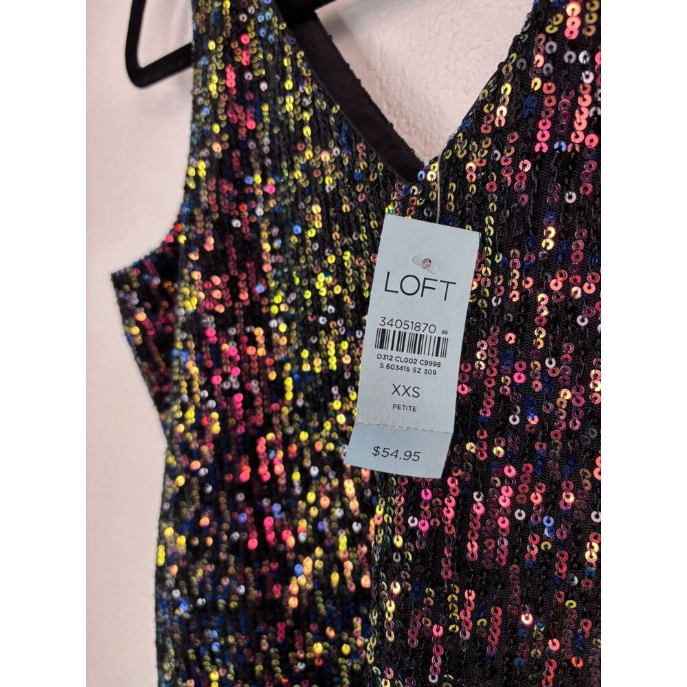 Loft women's XXS petite black iridescent sequin v-neck sleeveless tank top NWT‎